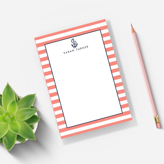 Nautical Coral Stripe & Navy Anchor Specialized Post-it® Notes