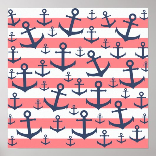 Nautical coral stripe navy blue anchor pattern poster (Voorkant)
