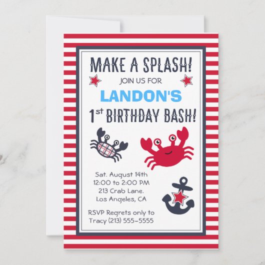Nautical Crab & Anchor Boy's Birthday Uitnodiging (Voorkant)
