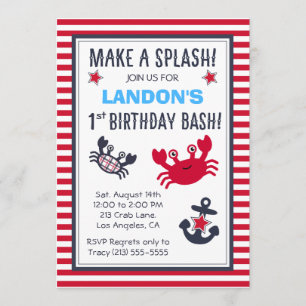 Nautical Crab & Anchor Boy's Birthday Uitnodiging
