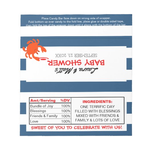 Nautical Crab Baby Showe Favor Snoep Wrappers Notitieblok (Voorkant)