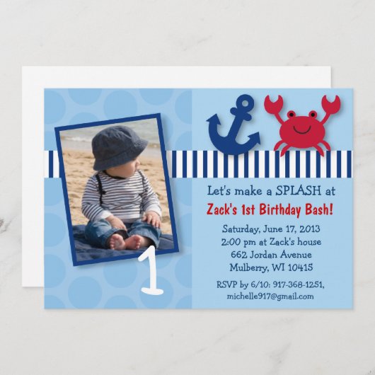 Nautical Crab Birthday Invitations Kaart (Voorkant / Achterkant)
