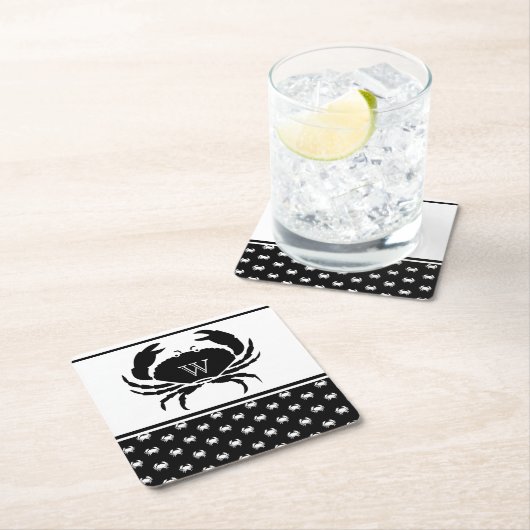 Nautical Crab Monogrammed Black and White Kartonnen Onderzetters (Insitu)