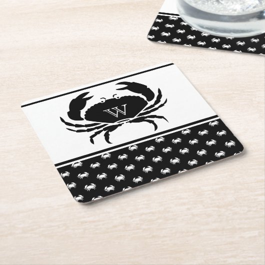 Nautical Crab Monogrammed Black and White Kartonnen Onderzetters (Schuin)