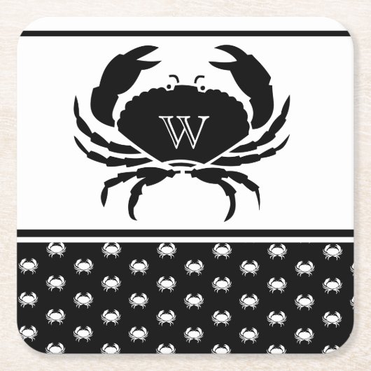 Nautical Crab Monogrammed Black and White Kartonnen Onderzetters (Voorkant)