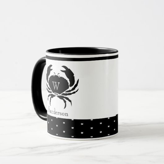 Nautical Crab Monogrammed Black and White Mok (Voorkant links)