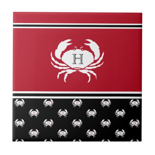 Nautical Crab Monogrammed Red Black White Tegeltje (Voorkant)