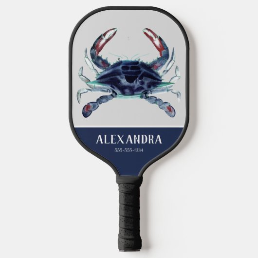 Nautical Crab Navy Blue White Monogram Name Pickleball Paddle (Voorkant)
