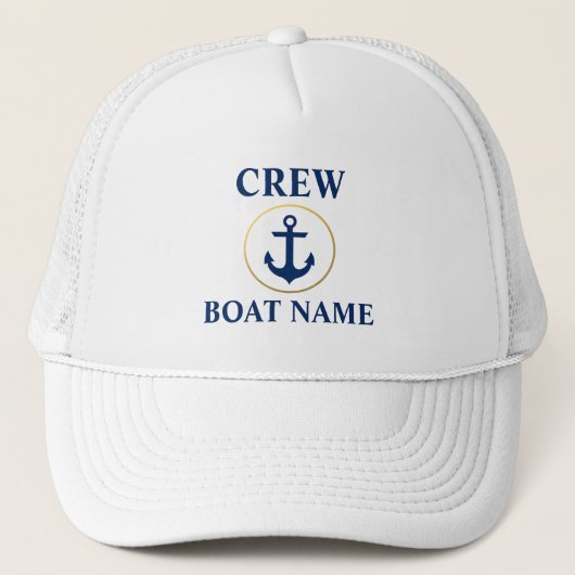 Nautical Crew Boot Naam blauw wit goud Trucker Pet (Voorkant)