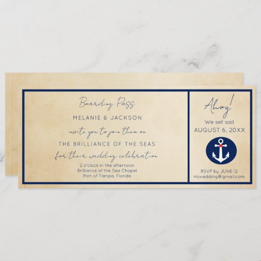 Nautical Cruise Ship boarding Pass Weddenschap Kaart (Voorkant / Achterkant)