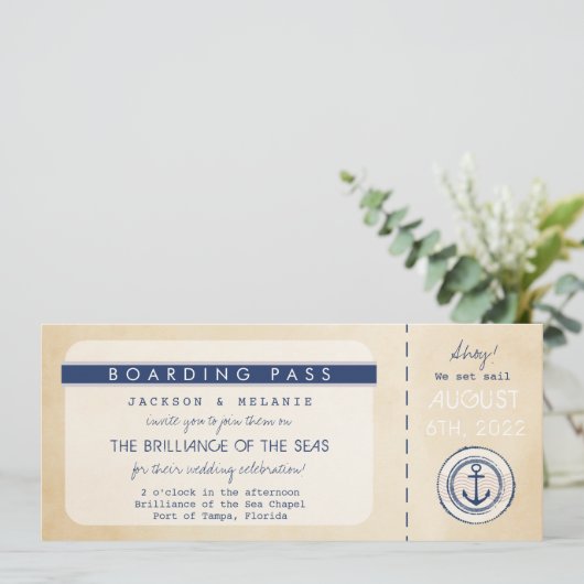 Nautical Cruise Ship boarding Pass Wedding Invite (Staand voorkant)