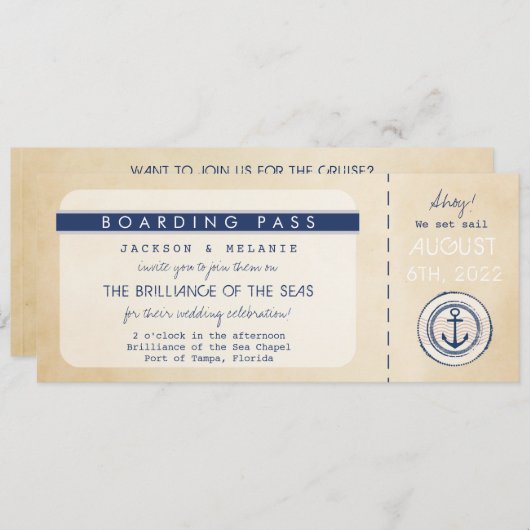 Nautical Cruise Ship boarding Pass Wedding Invite (Voorkant / Achterkant)