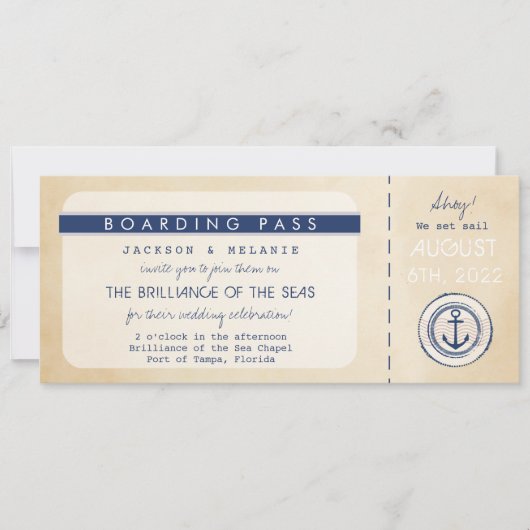 Nautical Cruise Ship boarding Pass Wedding Invite (Voorkant)