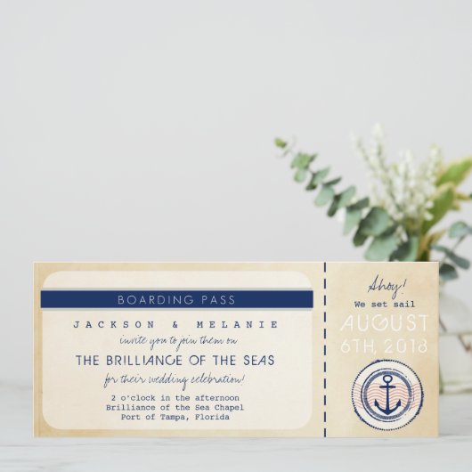 Nautical Cruise Ship boarding Pass Wedding Invite Kaart (Staand voorkant)