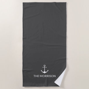 Nautical Custom Boat Name anchor houtskool grijs Strandlaken