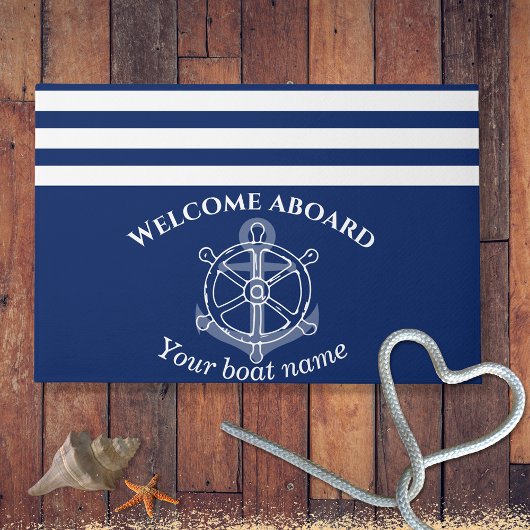 Nautical Custom Boat Name Anchor Wheel Blue Deurmat