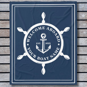 Nautical Custom Boat Name Anchor Wheel Blue Fleece Deken