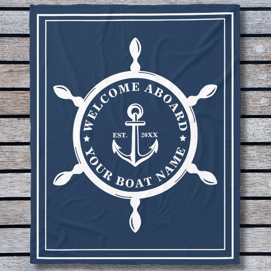 Nautical Custom Boat Name Anchor Wheel Blue Fleece Deken