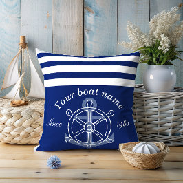 Nautical Custom Boat Name Anchor Wheel Blue Kussen