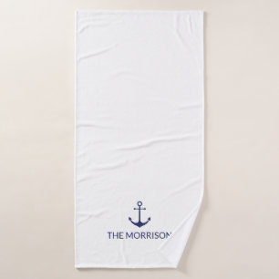 Nautical Custom Boat Name marine blue anchor white Bad Handdoek
