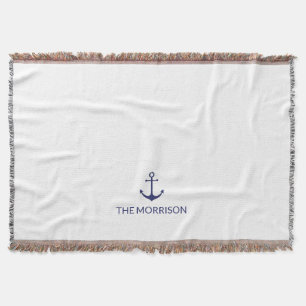 Nautical Custom Boat Name navy blue anchor white Deken