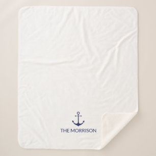 Nautical Custom Boat Name navy blue anchor white Sherpa Deken