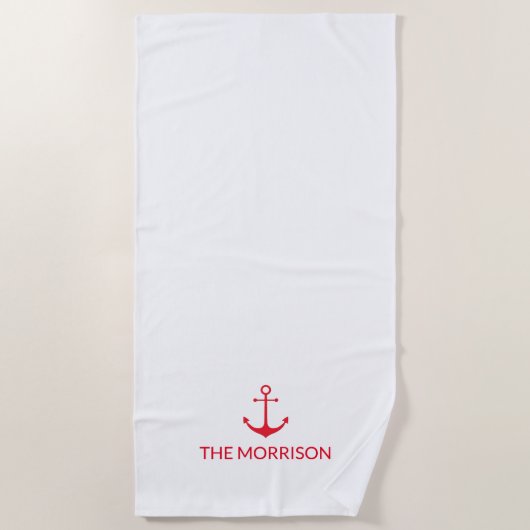 Nautical Custom Boat Name red anchor white Strandlaken (Voorkant)