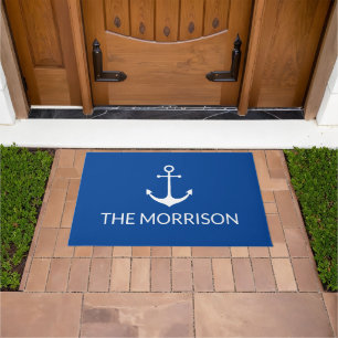 Nautical Custom Boat Name white anchblue Deurmat