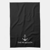 Nautical Custom Boat Name white anchor black Theedoek (Verticaal)