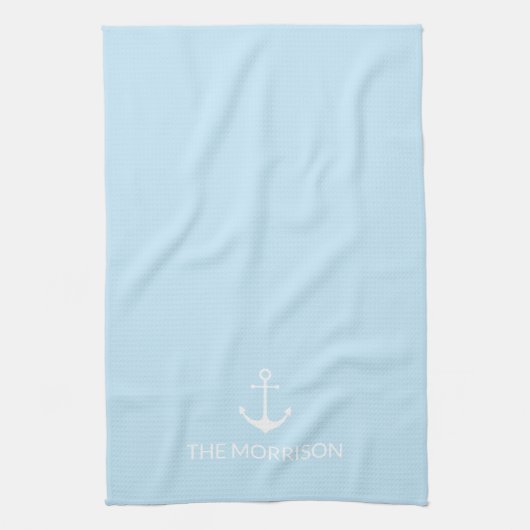 Nautical Custom Boat Name white anchor light blue Theedoek (Verticaal)