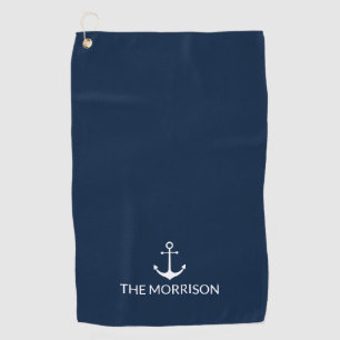 Nautical Custom Boat Name white anchor navy blue Golfhanddoek