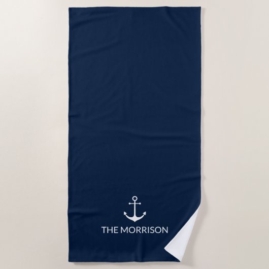 Nautical Custom Boat Name white anchor navy blue Strandlaken (Voorkant)