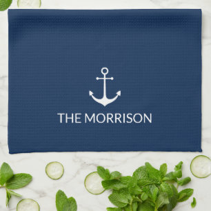 Nautical Custom Boat Name white anchor navy blue Theedoek