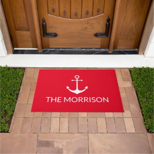Nautical Custom Boat Name white anchor red Deurmat