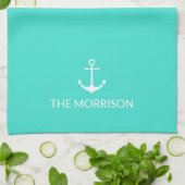 Nautical Custom Boat Name white anchor turquoise Theedoek (Gevouwen)