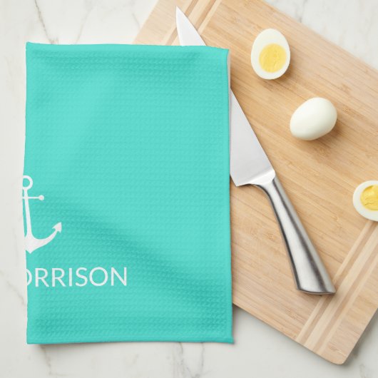 Nautical Custom Boat Name white anchor turquoise Theedoek (Quarter Fold)