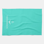 Nautical Custom Boat Name white anchor turquoise Theedoek (Horizontaal)