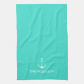 Nautical Custom Boat Name white anchor turquoise Theedoek (Verticaal)