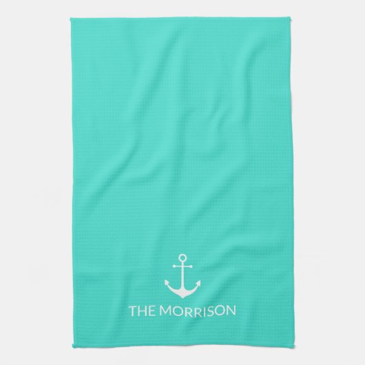Nautical Custom Boat Name white anchor turquoise Theedoek (Verticaal)