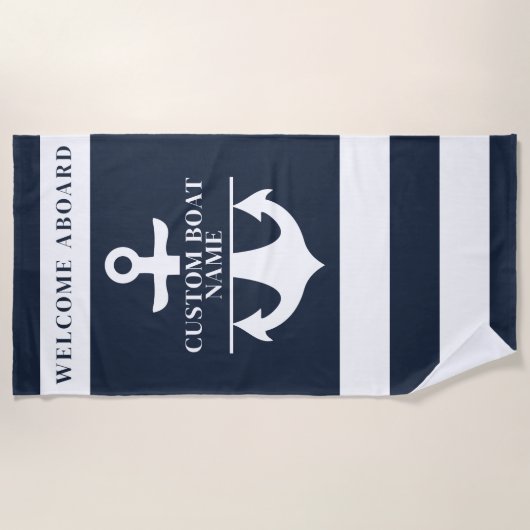 Nautical Custom Boot Naam Anker Navy Striped Strandlaken (Voorkant)