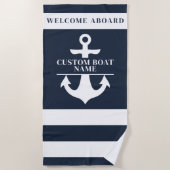 Nautical Custom Boot Naam Anker Navy Striped Strandlaken (Voorkant)