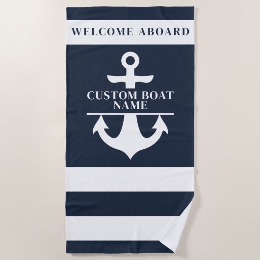 Nautical Custom Boot Naam Anker Navy Striped Strandlaken (Voorkant)