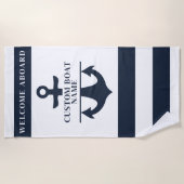 Nautical Custom Boot Naam Anker Navy Striped Strandlaken (Voorkant)