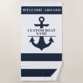Nautical Custom Boot Naam Anker Navy Striped Strandlaken (Voorkant)