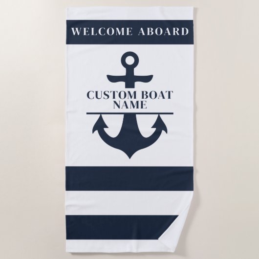 Nautical Custom Boot Naam Anker Navy Striped Strandlaken (Voorkant)