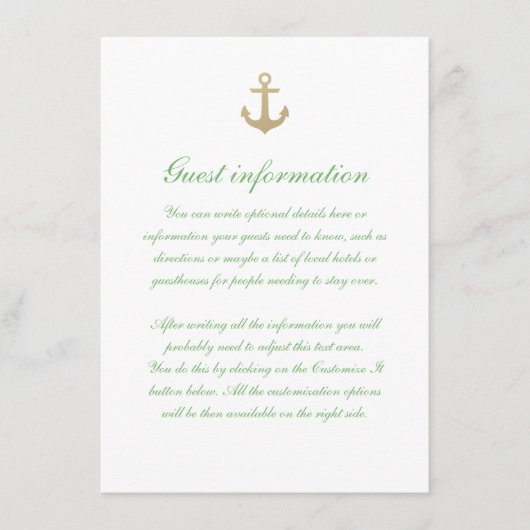 Nautical Custom Mint White Wedding Insert Kaart (Voorkant)