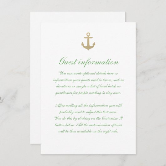 Nautical Custom Mint White Wedding Insert Kaart (Voorkant / Achterkant)