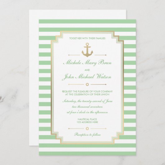 Nautical Custom Mint White Wedding Invitation Kaart (Voorkant / Achterkant)