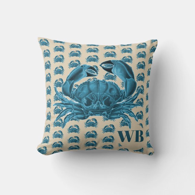 Nautical Custom Monogram Crab in Blue en Tan Kussen (Voorkant)