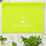 Nautical Custom Name anchor chartreuse kalm green Theedoek<br><div class="desc">Nautical Custom Boot Naam witte anker chartreuse lime groene keuken handdoek. Pas tekst nautische zeiltekst aan, de naam van de kapitein. Boot naam, winkel, bedrijfsnaam. Minimalistisch, eenvoudig, elegant ontwerp geweldig voor zeilers, booters, zeilen en varen Happy sailing!</div>